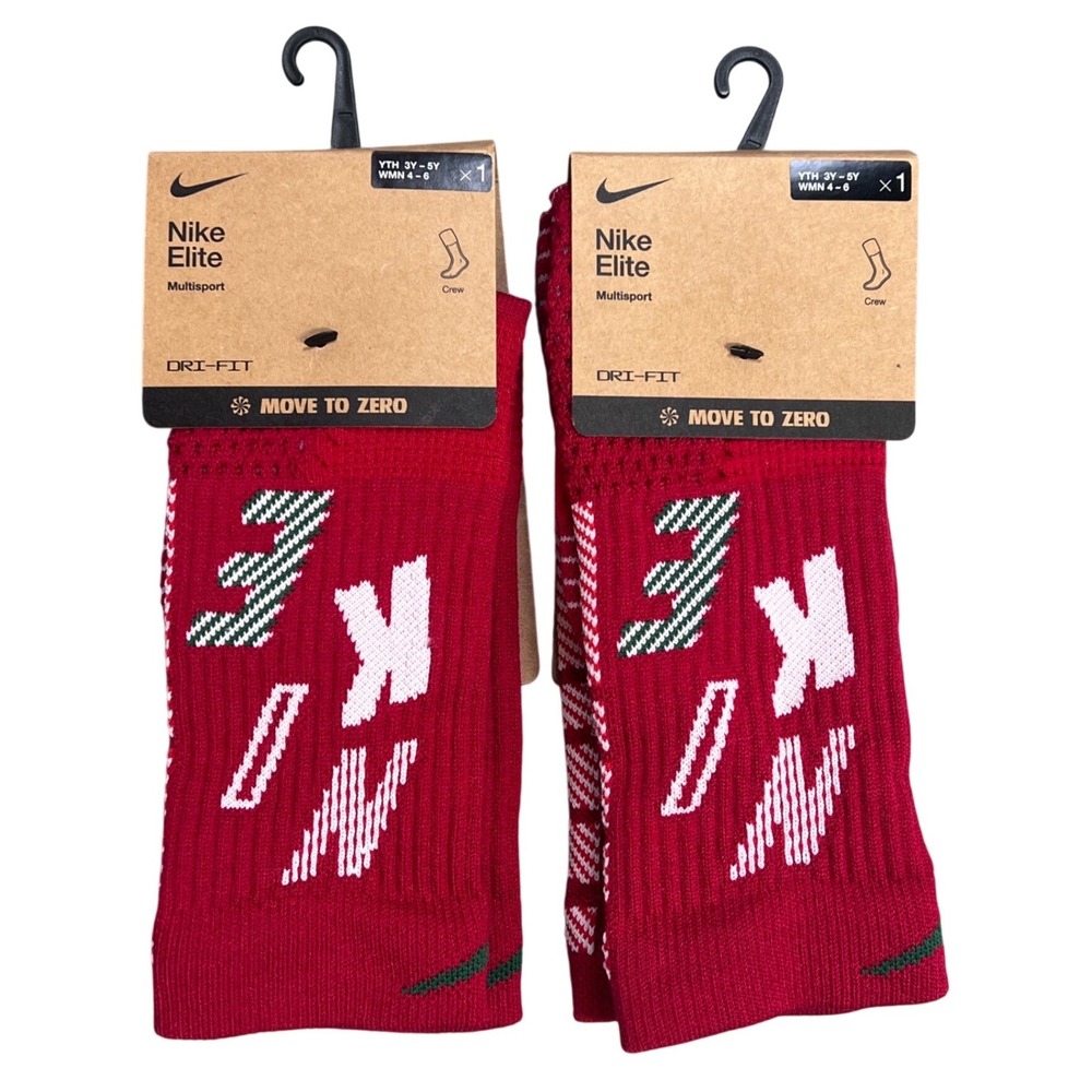 Nike Elite Crew Socks Red Holiday Christmas Youth 3Y-5Y Wmn 4-6 2 Pairs NEW